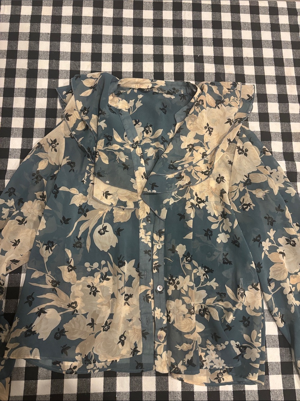 Zara Floral Ruffle Button-Front Shirt - Teal & Cream
